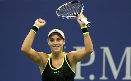 Sep 5, 2016; New York, NY, USA; Ana Konjuh of Croatia celebrates after winning match point against Agnieszka Radwanska of Poland (not pictured) on day eight of the 2016 U.S. Open tennis tournament at USTA Billie Jean King National Tennis Center. Geoff Burke-USA TODAY Sports