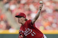 Cincinnati Reds starting pitcher Andrew Abbott throws in the first inning of a baseball game against the Baltimore Orioles on Saturday, May 4, 2024, in Cincinnati. (AP Photo/Carolyn Kaster)