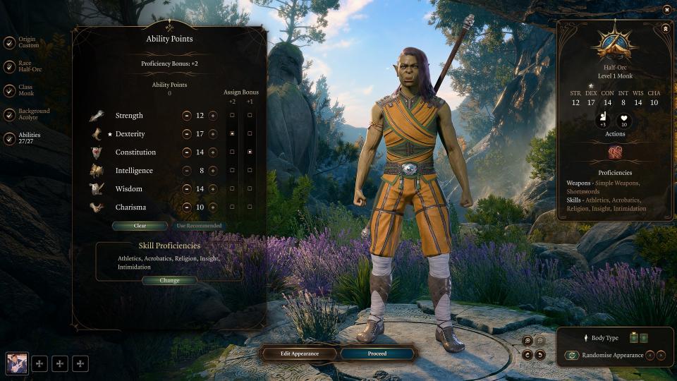 A half-orc Monk in the character creator in Baldur's Gate 3.