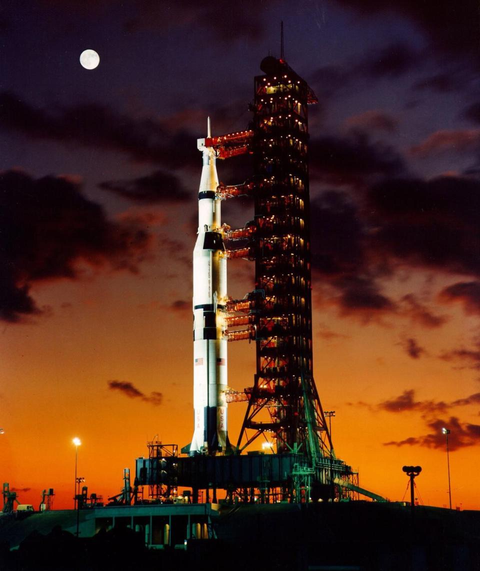 <p>A pre-launch twilight photo of the The Apollo 11 Saturn V space vehicle.</p>