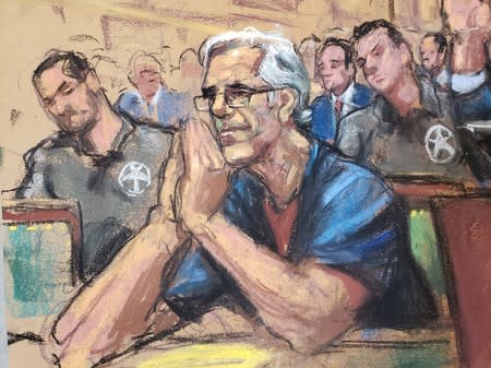 FILE PHOTO: Jeffrey Epstein looks on during a a bail hearing in U.S. financier Jeffrey Epstein's sex trafficking case, in this court sketch in New York