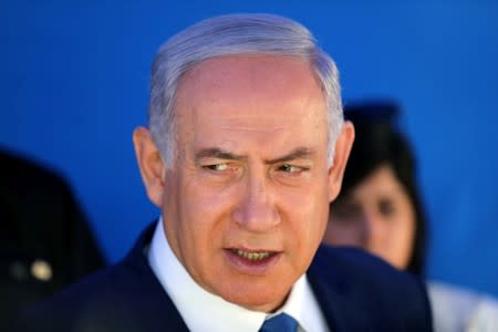 Israeli Prime Minister Benjamin Netanyahu speaks during a cornerstone-laying ceremony for Mobileye's center in Jerusalem