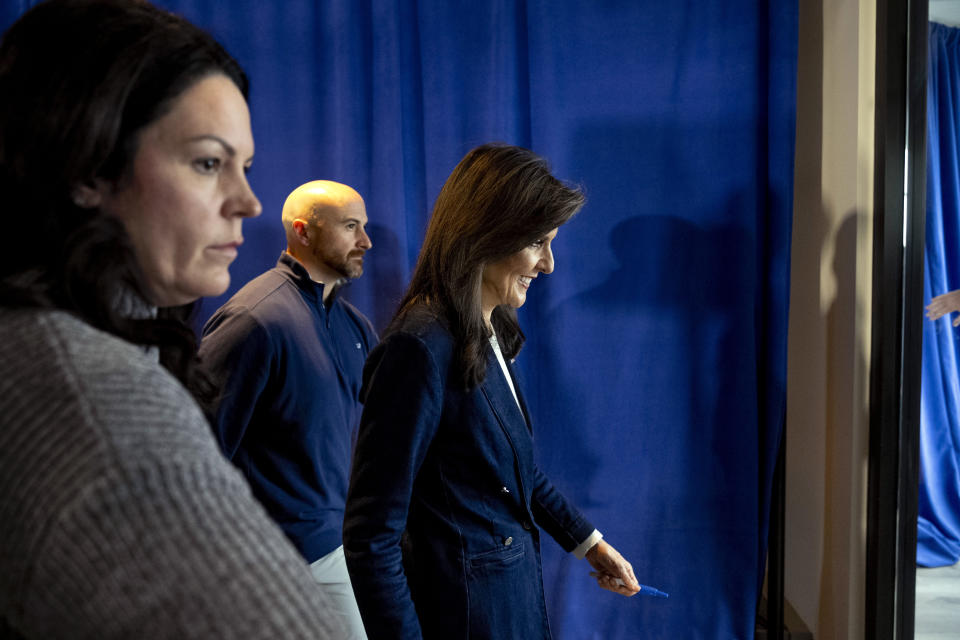 Republican presidential candidate former UN Ambassador Nikki Haley departs after speaking at Toast in Ankeny, Iowa, Thursday, Jan. 11, 2024. (AP Photo/Andrew Harnik)