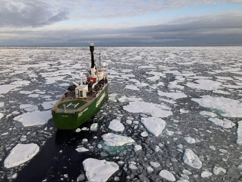 Greenpeace's Arctic Sunrise ship navigates through floating ice in the Arctic Ocean