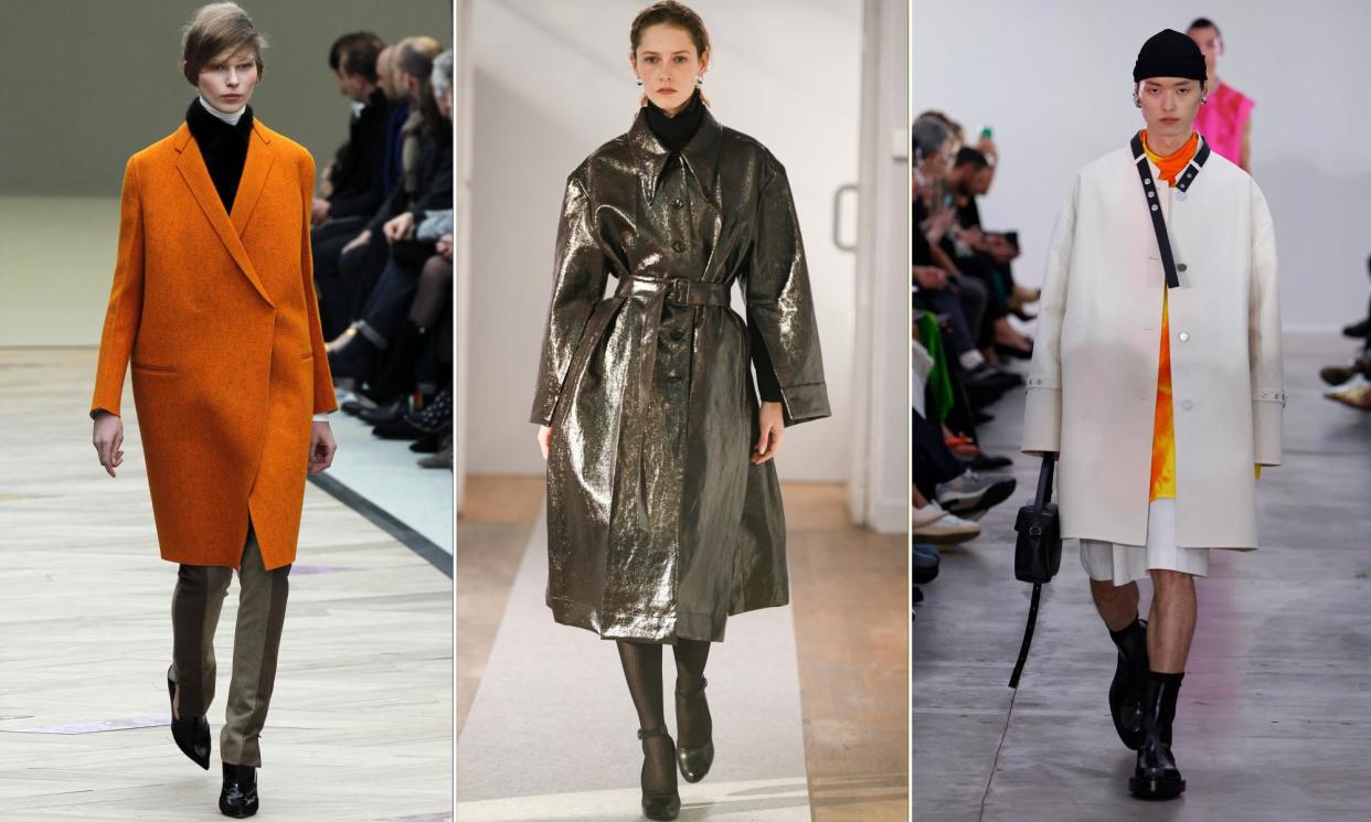 <span>All buttoned up: models walk the runway in coats and trenchcoats by Céline designed by Phoebe Philo, Lemaire and Jil Sander.</span><span>Composite: AFP/Getty Images/Estrop</span>