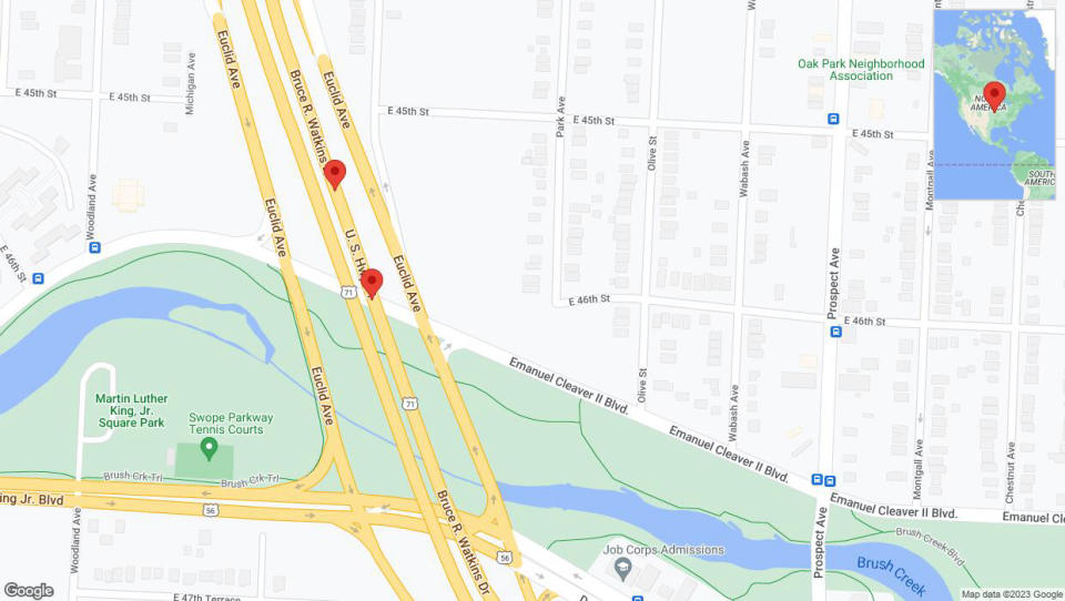 A detailed map that shows the affected road due to 'Broken down vehicle on northbound the Bruce R Watkins Expressway/US-71 in Kansas City' on December 24th at 9:03 p.m.