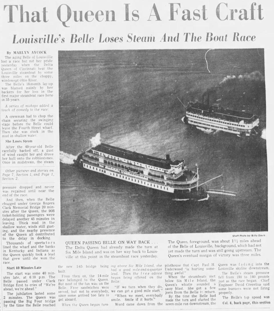 A story from the front page of the May 1, 1963, Courier Journal shows the Belle of Louisville losing to The Delta Queen in the annual steamboat race.