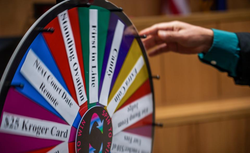 "Everyone thinks that everyone has a two parent household and everyone says good job on your straight As and well, people sometimes didn't grow up in that environment," Marion Superior Judge Jose Salinas said Thursday, Feb. 16, 2023, of a new and colorful "spin to win" wheel that sits inside his courtroom. "So with this we're saying good job on your straight As for the last 7 days."