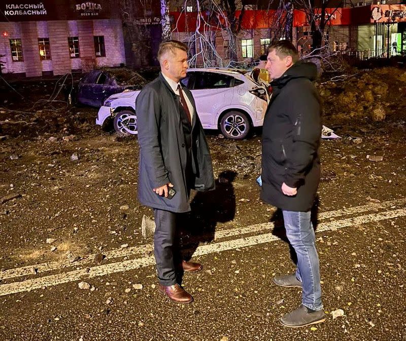 City mayor visits the accident scene following a large blast in Belgorod