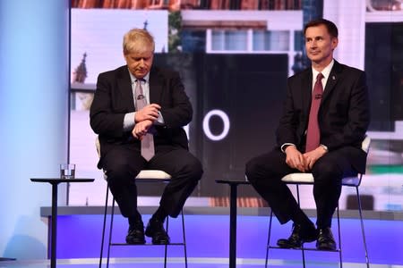 Boris Johnson and Jeremy Hunt appear on BBC TV's debate with candidates vying to replace British PM Theresa May, in London