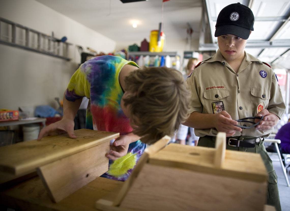Aug. 29, 2010: Tom Duston, 17, supervises Zach Gillilad, left, as their Boy Scout troop built six birdhouses. Tom is working on his Eagle Scout project by building birdhouses and placing them in Trophy Club park. Juan Guajardo/Special to the Star-Telegram