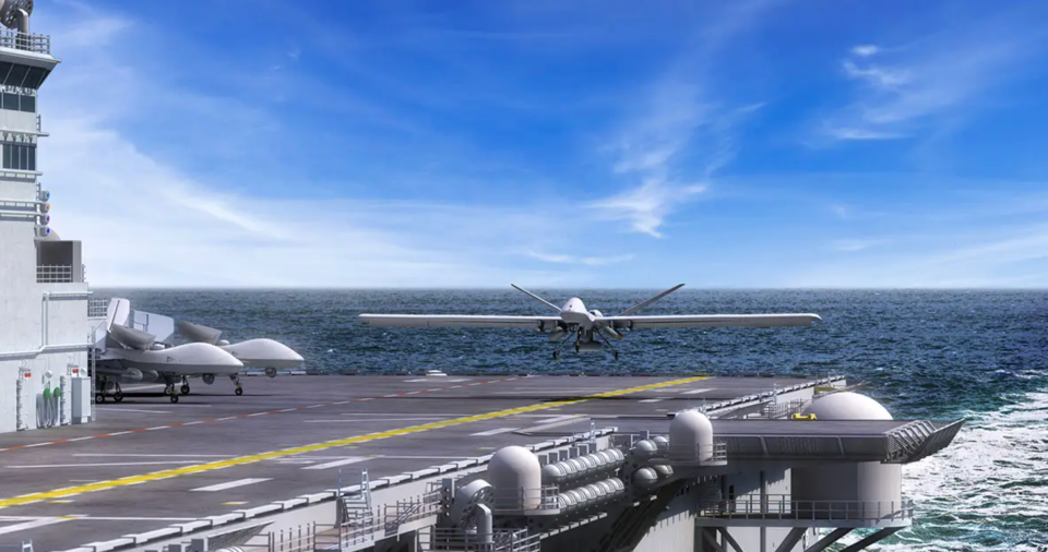 A rendering of a short takeoff and landing variant of the MQ-9B Reaper coming in for a carrier landing. <em>GA-ASI</em>