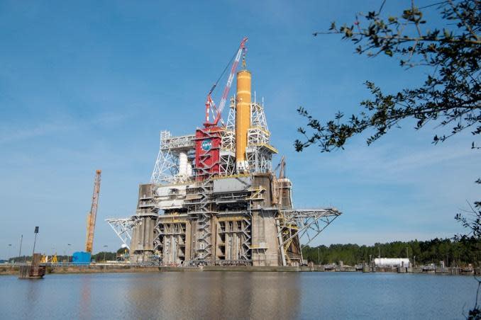 The Boeing-managed Space Launch System rockets first stage will be test fired while bolted to NASA's massive B-2 test stand at the Stennis Space Center in Mississippi. / Credit: NASA