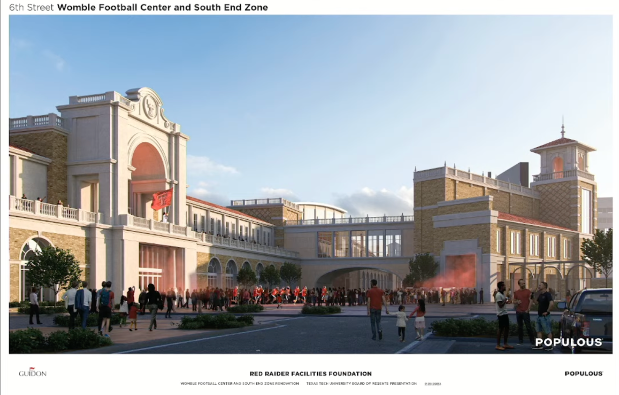 Rendering of the 6th Street view of the Womble Football Center and the South End presented by the Red Raider Facilities Foundation Inc. at the Board of Regents Meeting in Odessa on Feb. 23.