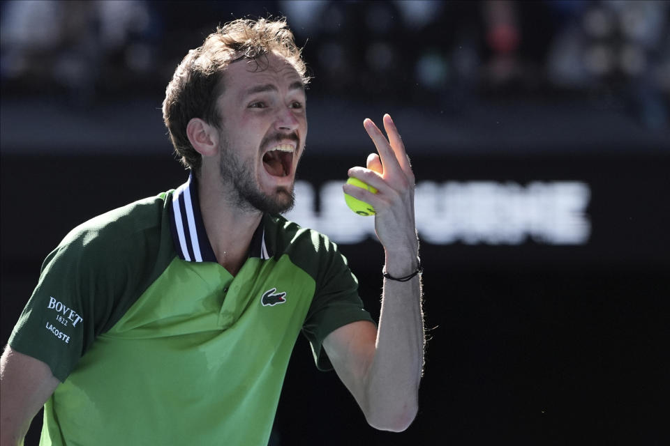 Daniil Medvedev of Russia reacts during his fourth round match against Nuno Borges of Portugal at the Australian Open tennis championships at Melbourne Park, Melbourne, Australia, Monday, Jan. 22, 2024. (AP Photo/Andy Wong)