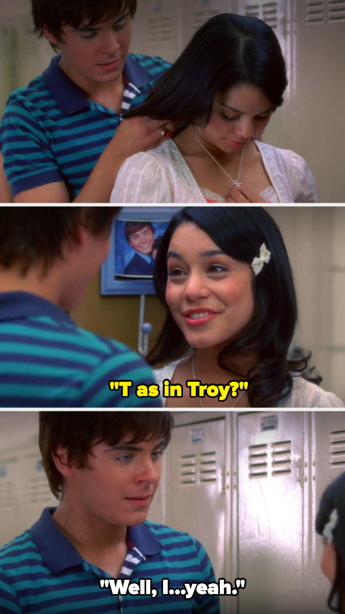 Troy giving Gabriella a T necklace — she asks, "T as in Troy" and he says "well, I...yeah"