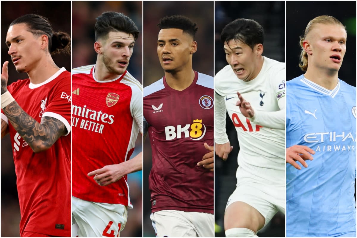 (From left) Liverpool's Darwin Nunez, Arsenal's Declan Rice, Aston Villa's Ollie Watkins, Tottenham's Son Heung-min and Manchester City's Erling Haaland. (PHOTOS: Getty Images)