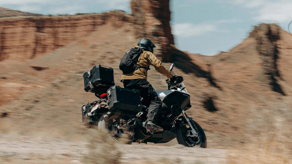 The 2023 Zero Motorcycles DSR/X with saddle bags and top box