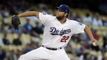 Los Angeles Dodgers starting pitcher Clayton Kershaw throws to a Toronto Blue Jays batter during the first inning of a baseball game Tuesday, Aug. 20, 2019, in Los Angeles. (AP Photo/Marcio Jose Sanchez)