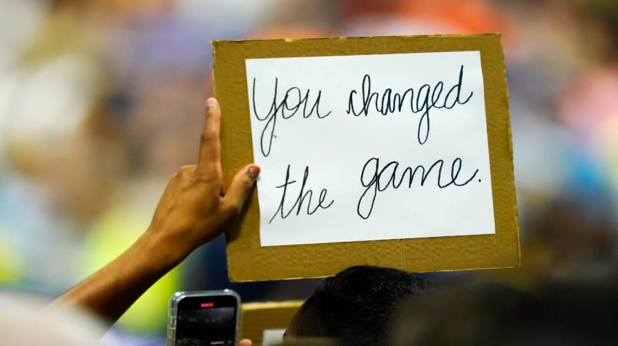 <em>A fan holds a sign for Serena Williams, of the United States, after she beat Anett Kontaveit, of Estonia, in the second round of the U.S. Open tennis championships, Wednesday, Aug. 31, 2022, in New York. (AP Photo/Frank Franklin II)</em>