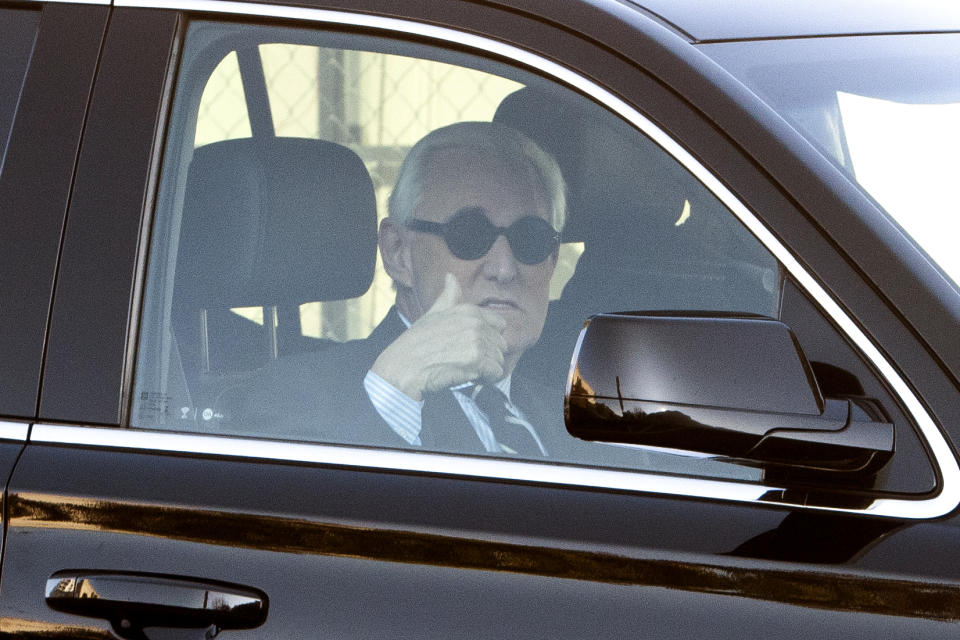 Roger Stone arrives at Federal Court for the second day of jury selection for his federal trial, in Washington, Wednesday, Nov. 6, 2019.
