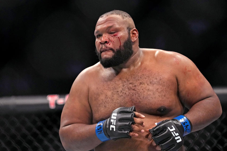 Sep 10, 2022; Las Vegas, Nevada, USA; Jake Collier (red gloves) fights Chris Barnett (blue gloves) during UFC 279 at T-Mobile Arena. Mandatory Credit: Joe Camporeale-USA TODAY Sports