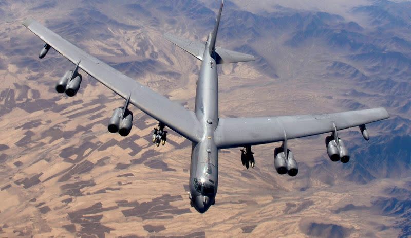 A B-52 Stratofortress, flown by Capt. Will Byers and Maj. Tom Aranda, prepares for refueling over Afghanistan during a close-air-support mission