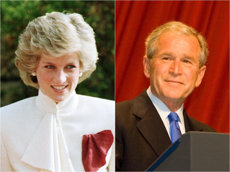 Side by side of Diana smiling with voluminous hair in a high-neck blouse next to Bush smiling