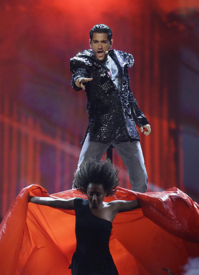 Cezar of Romania performs the song "It's My Life" during a rehearsal for the final of the Eurovision Song Contest at the Malmo Arena in Malmo, Sweden, Friday, May 17, 2013. The contest is run by European television broadcasters with the event being held in Sweden as they won the competition in 2012, the final will be held in Malmo on May 18. (AP Photo/Alastair Grant)