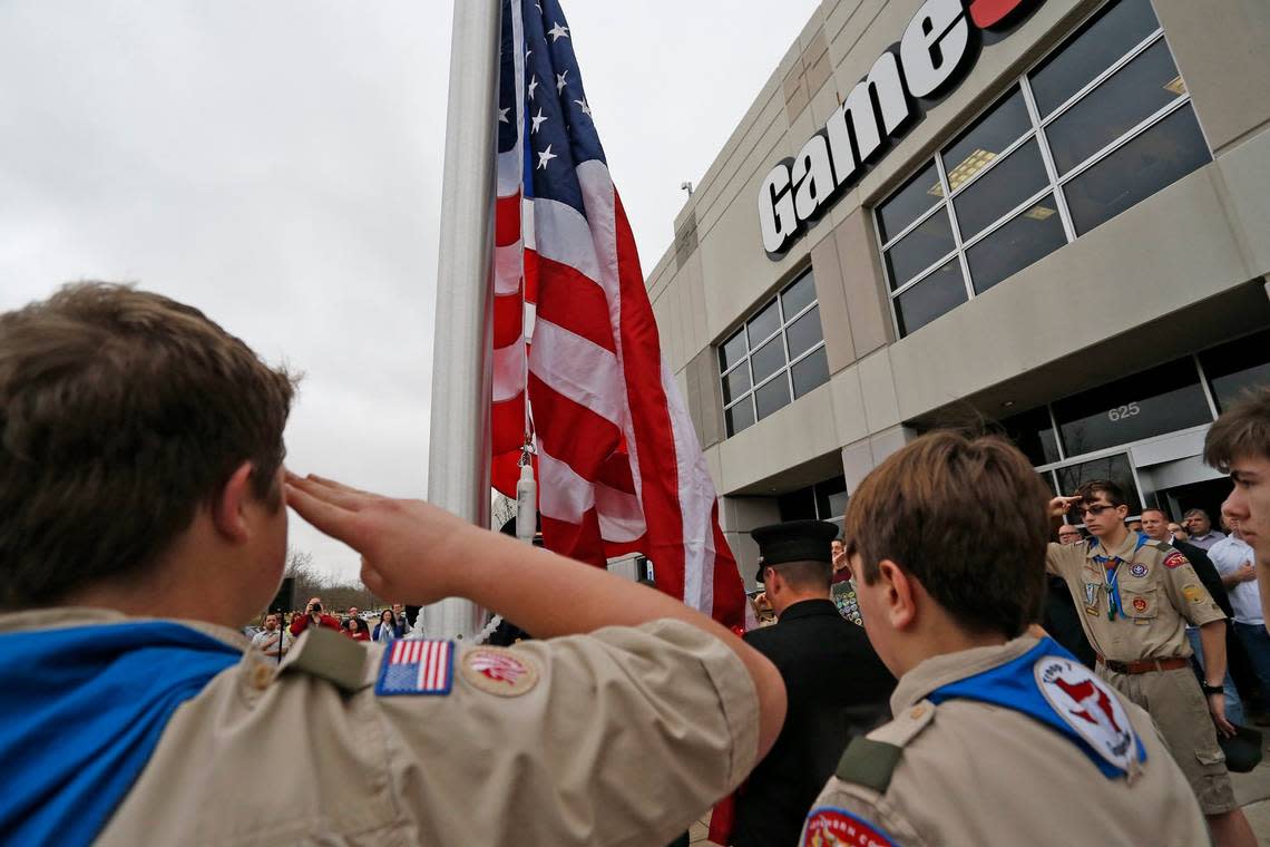 Feb. 20, 2017: When the GameStop Veteran Employee Resource Group wanted a flagpole and American flag for the company’s Grapevine headquarters, they collected more than $10,000 to pay for it. On President’s Day, company executives, associates and the group held brief dedication ceremony led by the Grapevine police, fire department and Boy Scout Troop 7 Honor Guards. Paul Moseley/Star-Telegram