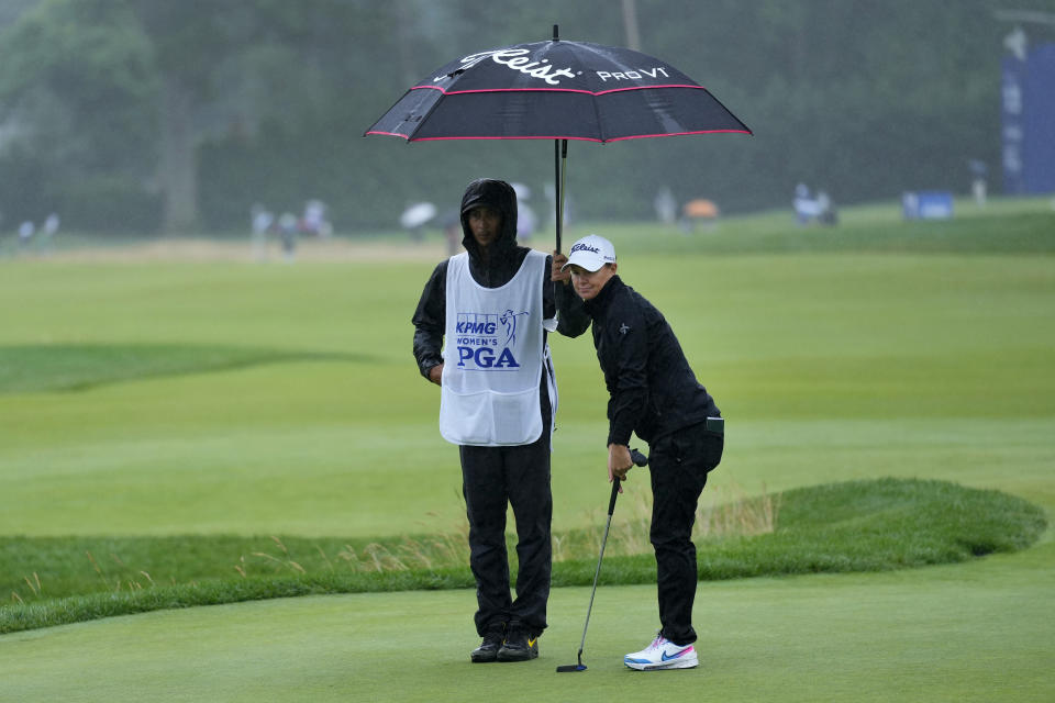 Lee-Anne Pace, of South Africa, prepares to putt on the 14th hole during the second round of the Women's PGA Championship golf tournament, Friday, June 23, 2023, in Springfield, N.J. (AP Photo/Matt Rourke)