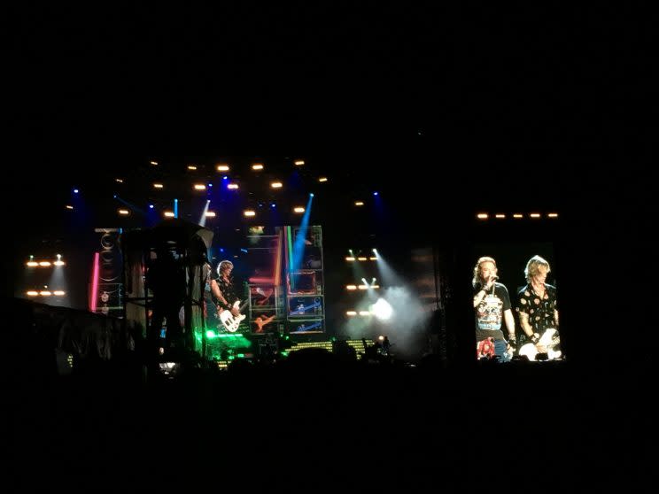 Lead singer Axl Rose and bassist Duff McKagan of Guns N’ Roses on stage at the Singapore Exhibition Centre on 25 February 2017. (PHOTO: Yahoo Newsroom / Dhany Osman)