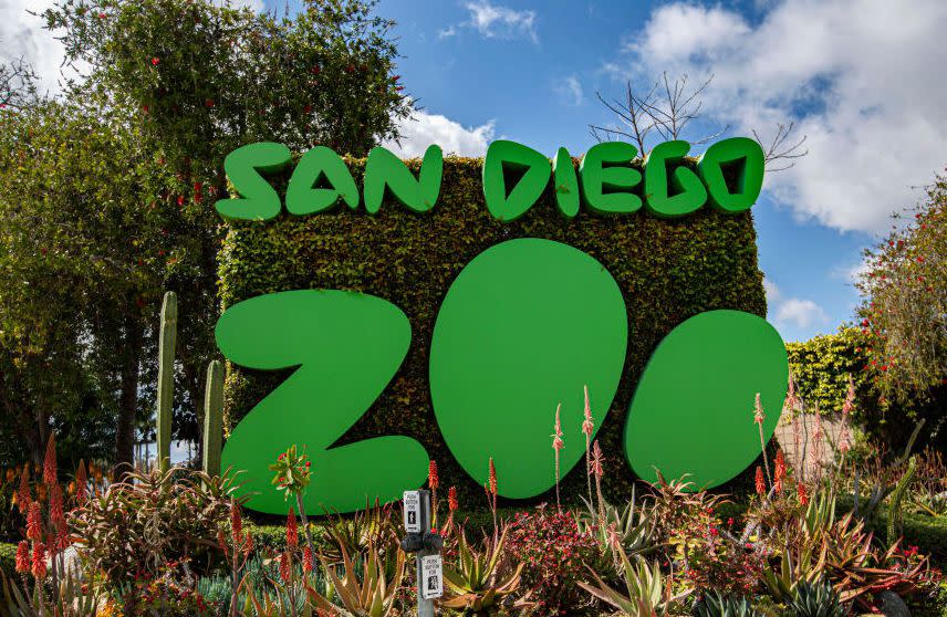 General view outside San Diego Zoo entrance sign