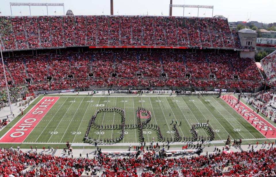 Members of the Ohio State Marching Band form "Script Ohio" before Saturday's Ohio State-Oregon game on Sept. 11, 2021.