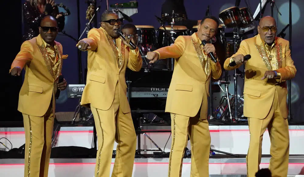 Roquel Payton, Harold Bonhart, Ronnie McNeir, and Abdul Fakir of The Four Tops perform at MusiCares Person of the Year honoring Berry Gordy and Smokey Robinson at the Los Angeles Convention Center on Friday, Feb. 3, 2023. (AP Photo/Chris Pizzello)