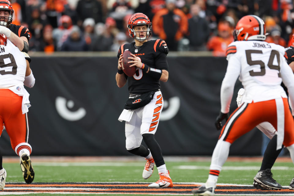 CINCINNATI, OH - DECEMBER 11: Cincinnati Bengals quarterback Joe Burrow (9) looks to pass during the game against the Cleveland Browns and the Cincinnati Bengals on December 11, 2022, at Paycor Stadium in Cincinnati, OH. (Photo by Ian Johnson/Icon Sportswire via Getty Images)