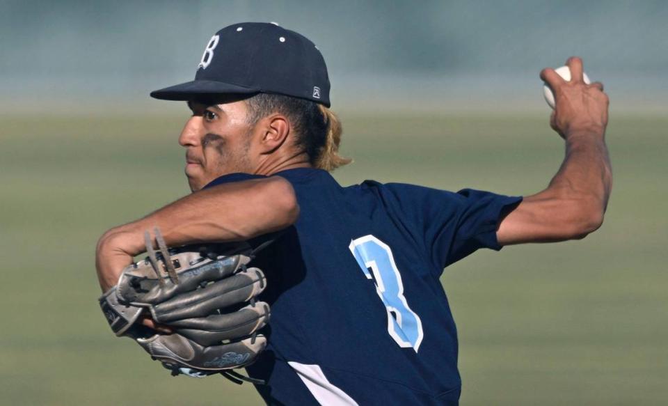 Bullard’s Keynen Gomez pitches against Centennial in the Central Section DI baseball quarterfinal Friday, May 19, 2023 in Fresno. Centennial won 6-2.