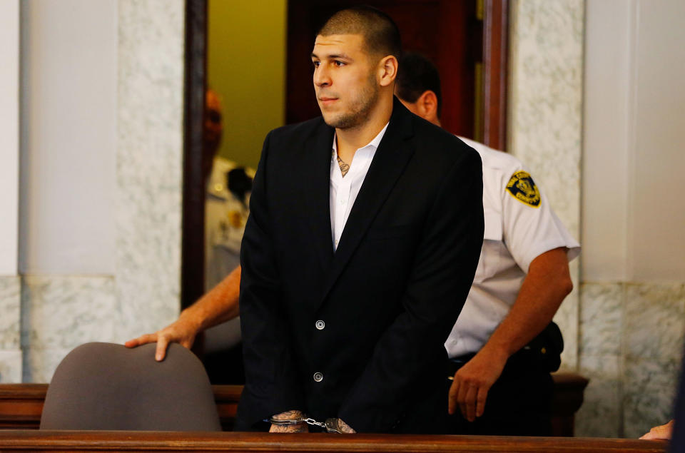 Former Patriots tight end Aaron Hernandez was sexually abused as a child, according to a new Boston Globe report. (Getty Images)