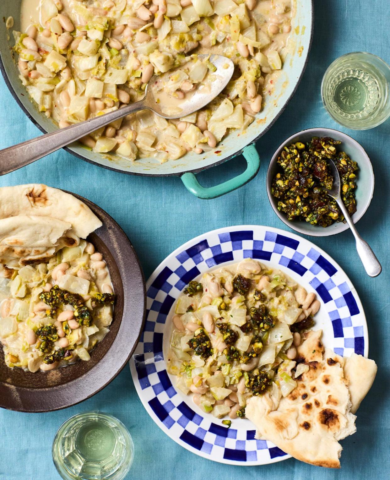 <span>Rukmini Iyer’s white bean, leek and fennel casserole with date, lemon and pistachio gremolata.</span><span>Photograph: Ola O Smit/The Guardian. Food styling: Sam Dixon. Prop styling: Anna Wilkins. Food styling assistant: Connie Simons.</span>