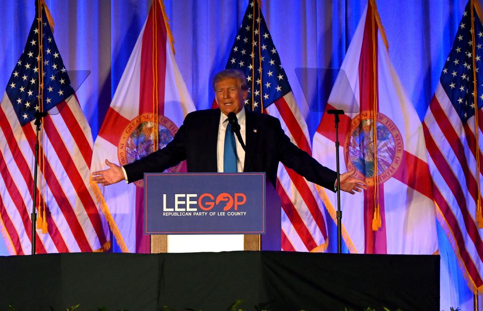 Former President Donald Trump speaks at the Lee County Republican dinner in Fort Myers, Fla., Friday, April 21, 2023. (AP Photo/Chris Tilley)