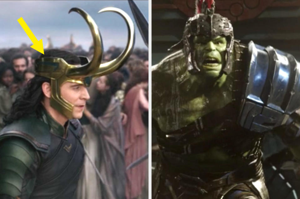 Loki wearing a helmet that has angular designs on the side, and Hulk's armor having similar angular designs on the shoulder pad