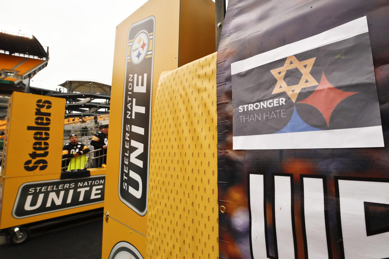 A Pittsburgh Steelers logo with one of the hypocycloids changed to a Star of David is on a banner at Heinz Field for an NFL football game between the Pittsburgh Steelers and the Cleveland Browns, on Sunday. (AP)