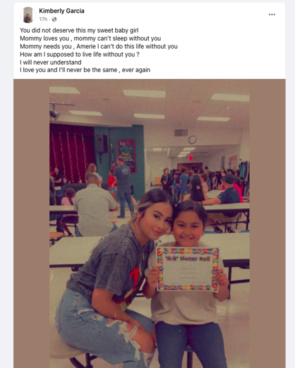 Kimberly Garcia, Amerie’s mother, shared a heartfelt Facebook post following the news that her 10-year-old daughter died during Tuesday’s school shooting in Uvalde, Texas. (Facebook/Kimberly Garcia)