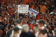 Oct 21, 2017: Houston, TX, USA; Fans hold World Series signs after game seven of the 2017 ALCS playoff baseball series between the Houston Astros and the New York Yankees at Minute Maid Park. Troy Taormina-USA TODAY Sports