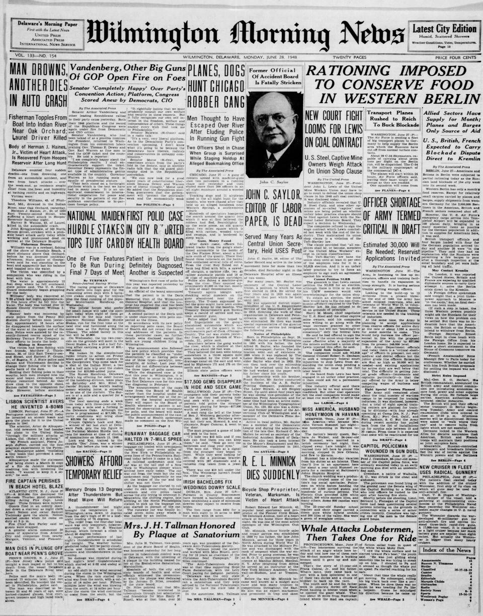 Front pages of the Wilmington Morning News from June 28, 1948.