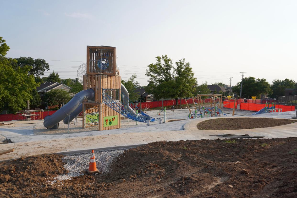 A new playground under construction at Templeton Elementary School offers numerous play areas for children of all abilities.