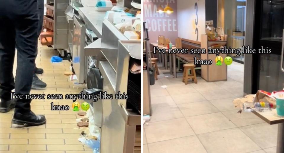 Burger patties on the floor in the kitchen (left), rubbish everywhere in the dining area (right).