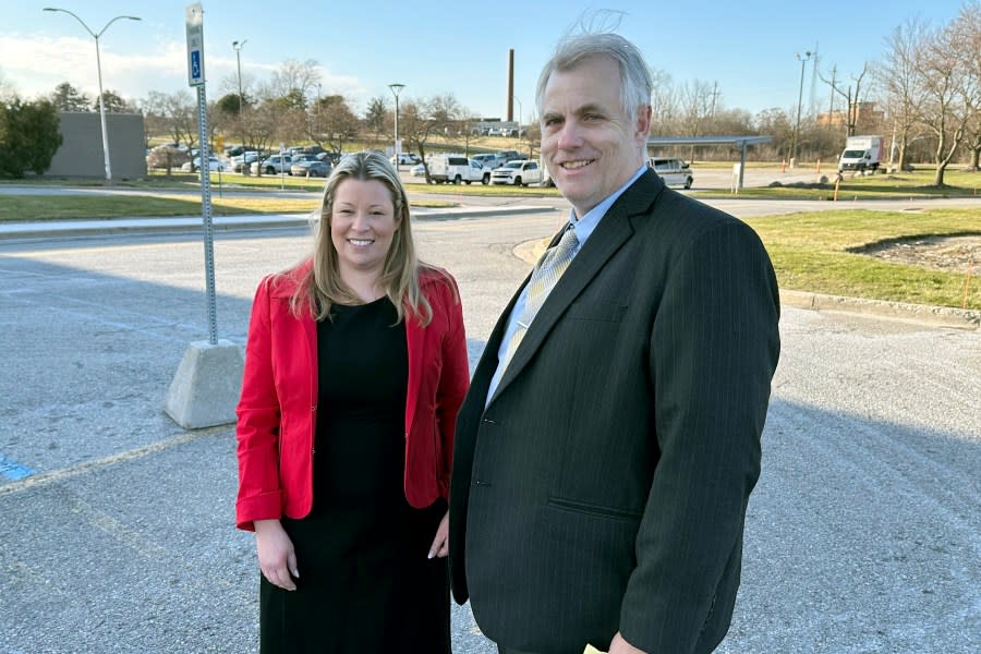 Stefanie Lambert, left, and her attorney, Daniel J. Hartman, stand outside the Oakland County Jail in Pontiac, Mich, after she posted bond Thursday evening, March 21, 2024. Lambert turned herself in Thursday morning after having been arrested in Washington, D.C. earlier this week as a result of a bench warrant issued by a Michigan judge. Lambert is facing felony charges of improperly accessing voting equipment in a search for evidence of a conspiracy to steal the 2020 election from Trump. (AP Photo/Corey Williams)