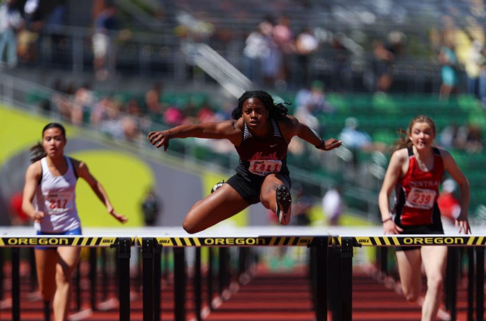 North Salem's Jordan Koskondy competes in the 5A girls 100 meter hurdle during the Oregon State Track and Field Championships at Hayward Field in Eugene, Ore. on Saturday, May 21, 2022.