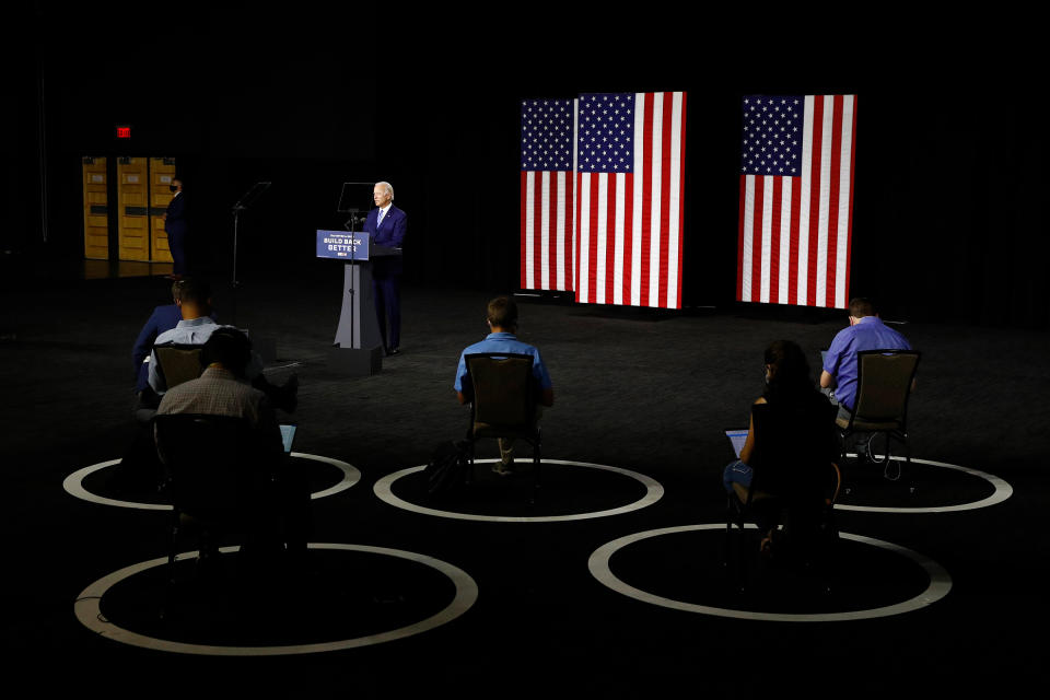 Biden at a socially distant campaign event in Wilmington, Del., on July 14 | Patrick Semansky—AP